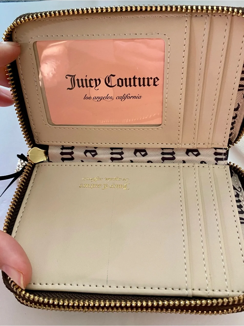 Juicy Couture Brown Plush Zip Wallet with Pink Crest Embroidery